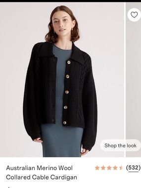 Quince Black Cable-Knit Button Cardigan Sweater